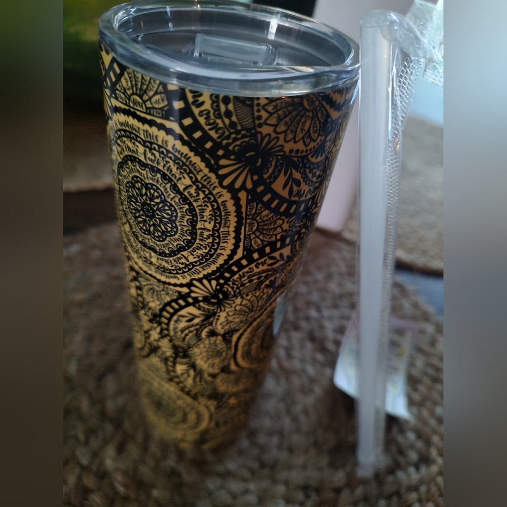 Gold and Black Mandala Tumbler with Straw